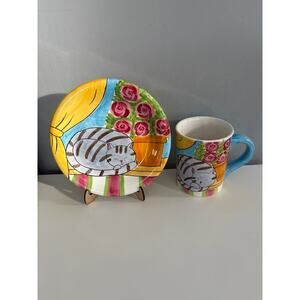 The Cellar Hand Painted Cat Plate & Mug